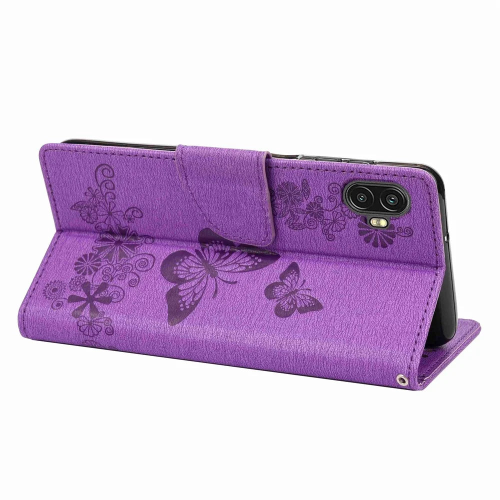 For Samsung Galaxy Xcover Pro 2 5G Butterflies Flower Pattern Imprinting Phone Leather Case Wallet Stand Flip Cover - Purple - 4