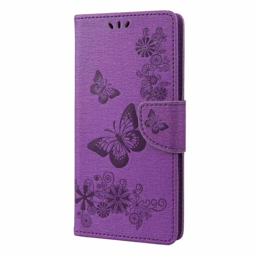 For Samsung Galaxy Xcover Pro 2 5G Butterflies Flower Pattern Imprinting Phone Leather Case Wallet Stand Flip Cover - Purple - 5