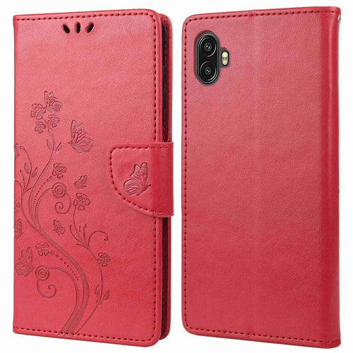 For Samsung Galaxy Xcover Pro 2 5G Imprinting Butterfly Flower PU Leather Stand Case Phone Wallet Cover - Red - 1