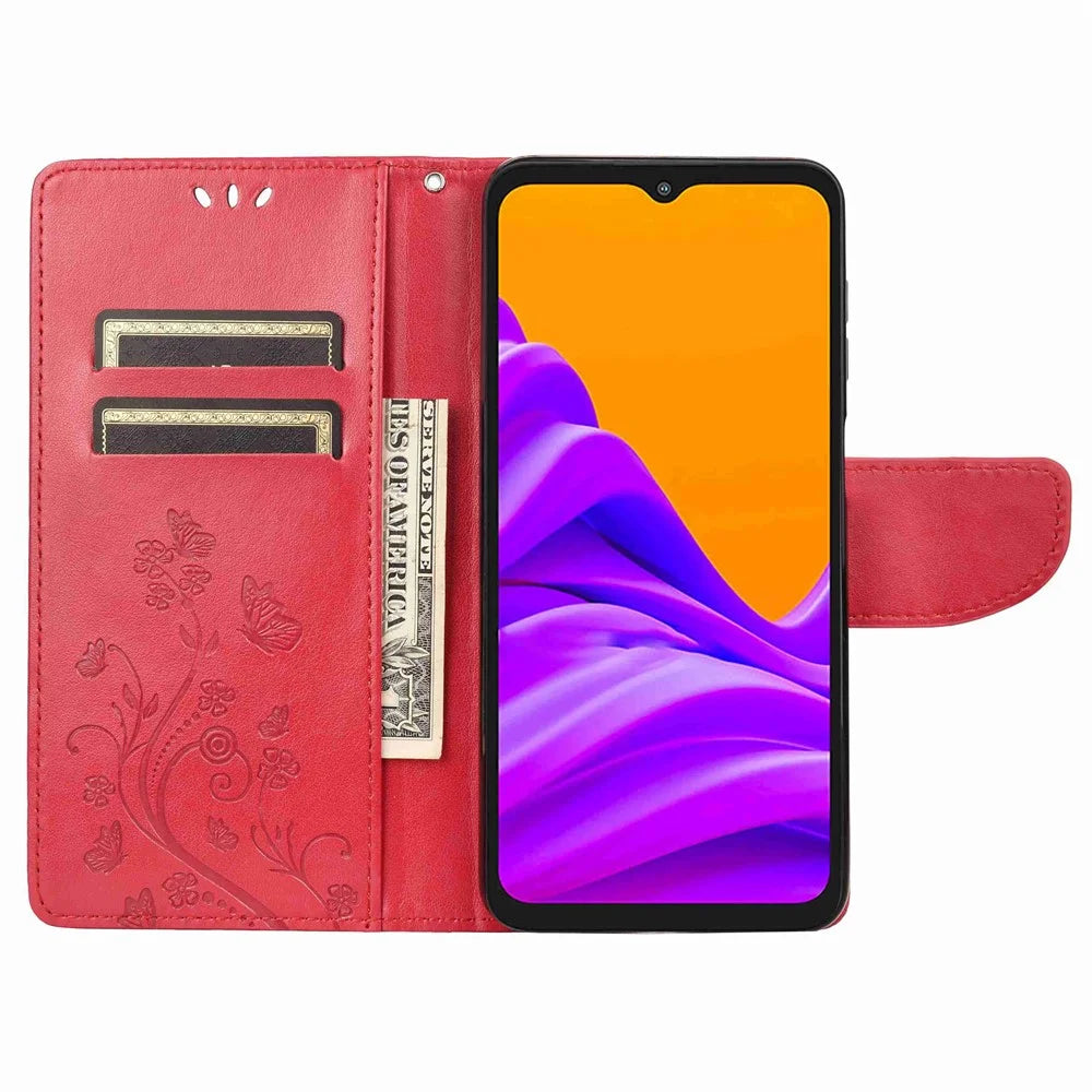 For Samsung Galaxy Xcover Pro 2 5G Imprinting Butterfly Flower PU Leather Stand Case Phone Wallet Cover - Red - 2