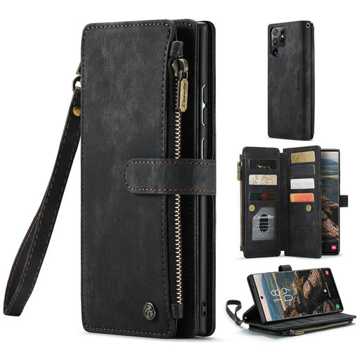 For Samsung Galaxy S22 Ultra 5G Phone Cases with Strap CASEME C30 Zipper Multiple Card Holder PU Leather Cover - Black - 1