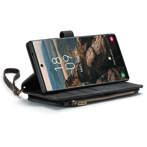 For Samsung Galaxy S22 Ultra 5G Phone Cases with Strap CASEME C30 Zipper Multiple Card Holder PU Leather Cover - Black - 2