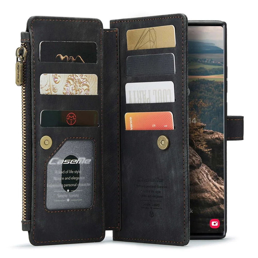 For Samsung Galaxy S22 Ultra 5G Phone Cases with Strap CASEME C30 Zipper Multiple Card Holder PU Leather Cover - Black - 3