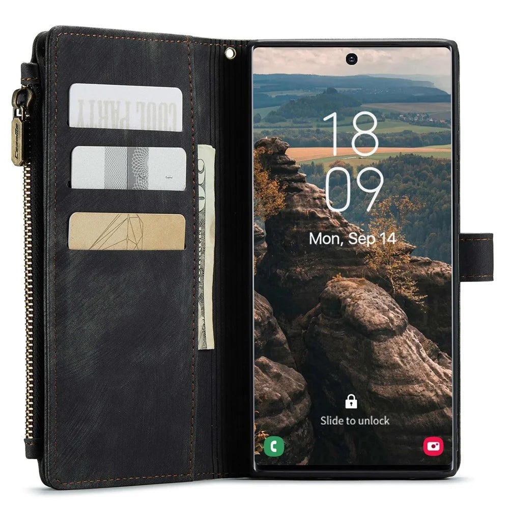 For Samsung Galaxy S22 Ultra 5G Phone Cases with Strap CASEME C30 Zipper Multiple Card Holder PU Leather Cover - Black - 4