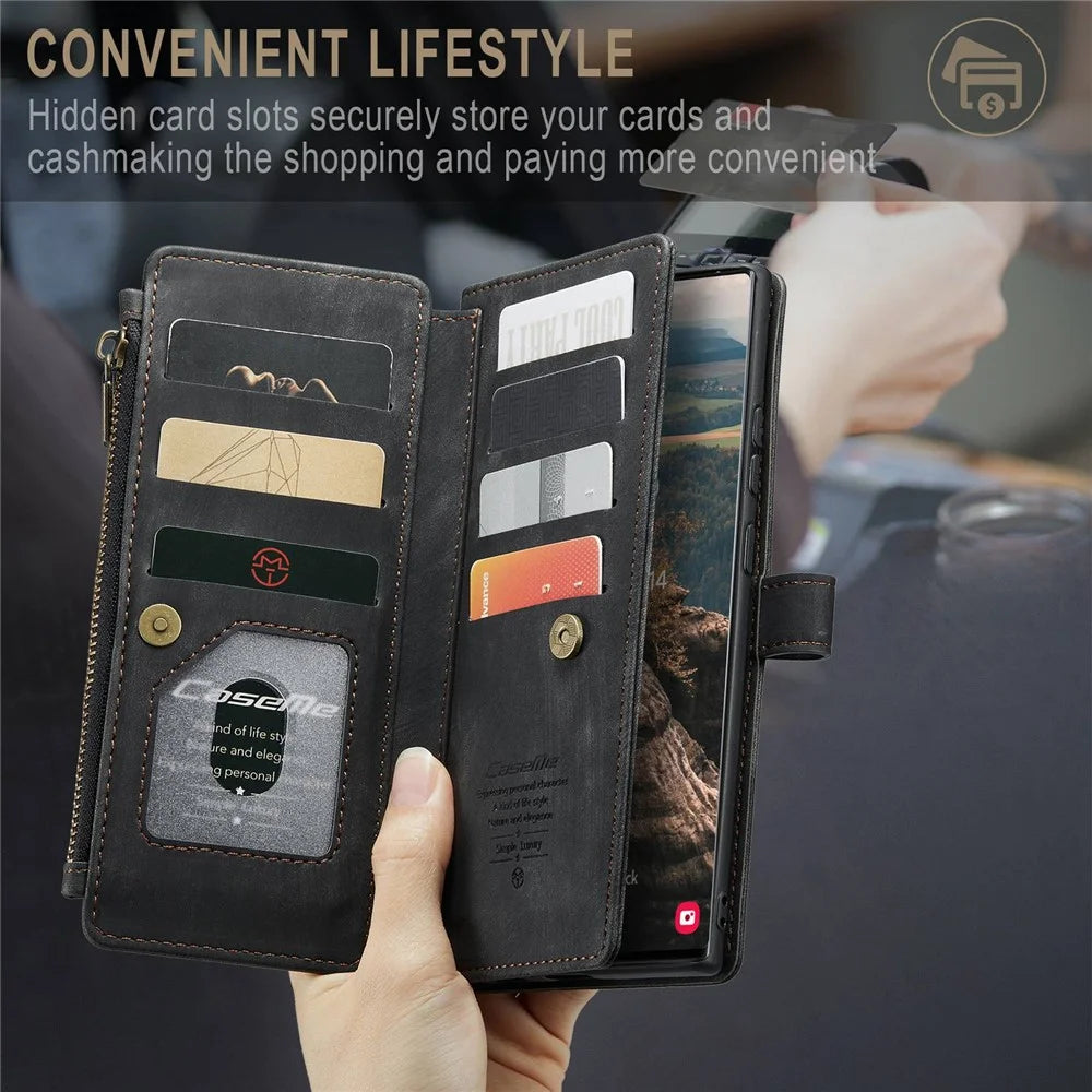 For Samsung Galaxy S22 Ultra 5G Phone Cases with Strap CASEME C30 Zipper Multiple Card Holder PU Leather Cover - Black - 5