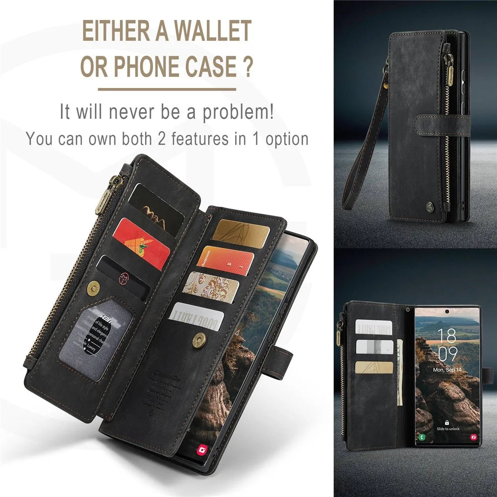 For Samsung Galaxy S22 Ultra 5G Phone Cases with Strap CASEME C30 Zipper Multiple Card Holder PU Leather Cover - Black - 6