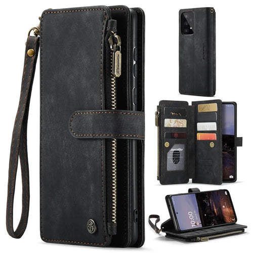 For Samsung Galaxy A33 5G Phone Cases with Strap CASEME C30 Zipper Multiple Card Holder PU Leather Cover - Black - 1