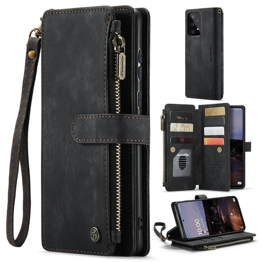 For Samsung Galaxy A33 5G Phone Cases with Strap CASEME C30 Zipper Multiple Card Holder PU Leather Cover - Black - 1