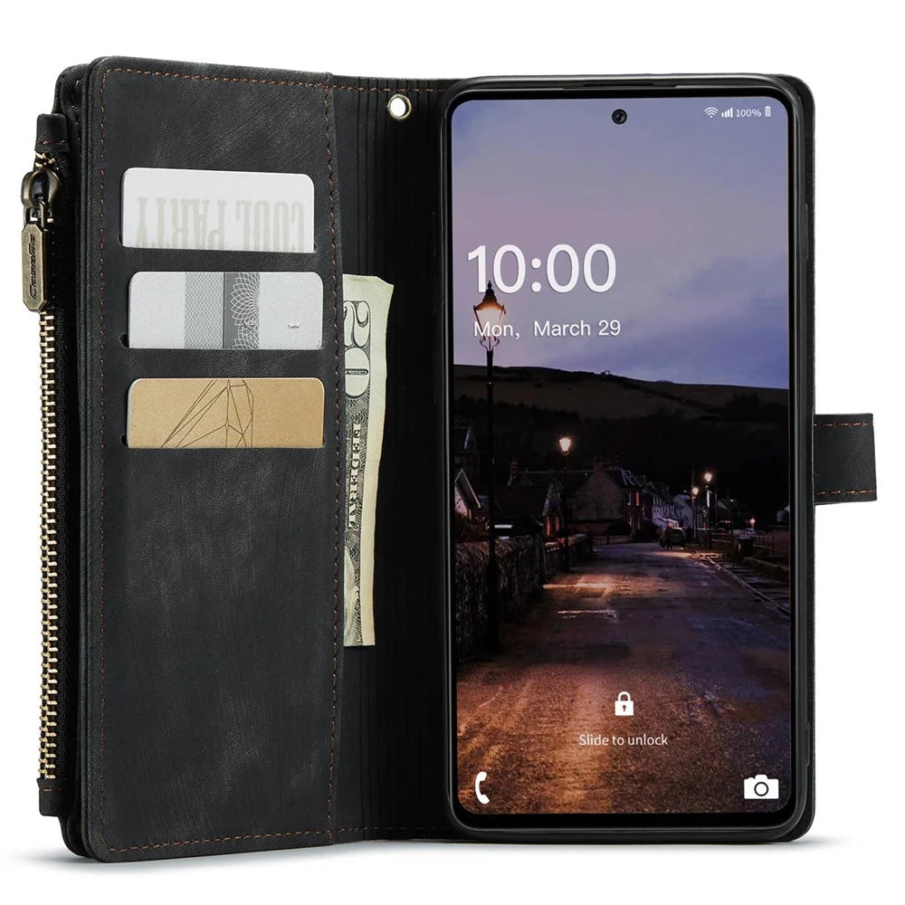 For Samsung Galaxy A33 5G Phone Cases with Strap CASEME C30 Zipper Multiple Card Holder PU Leather Cover - Black - 4