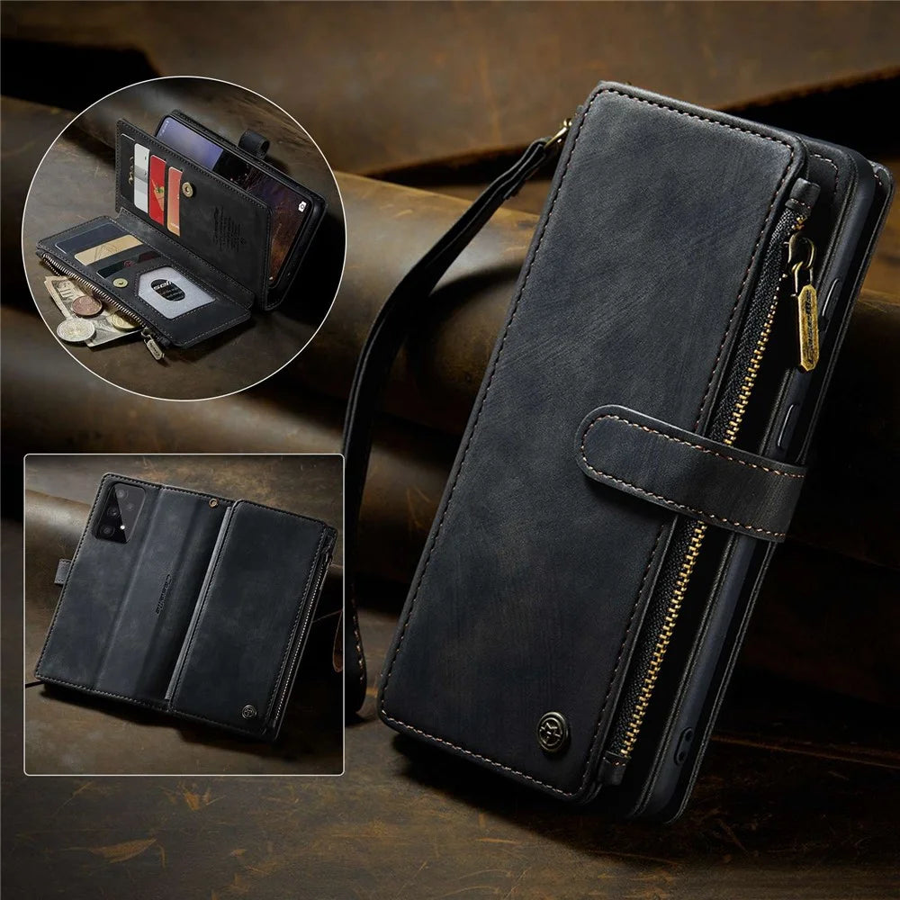 For Samsung Galaxy A33 5G Phone Cases with Strap CASEME C30 Zipper Multiple Card Holder PU Leather Cover - Black - 5