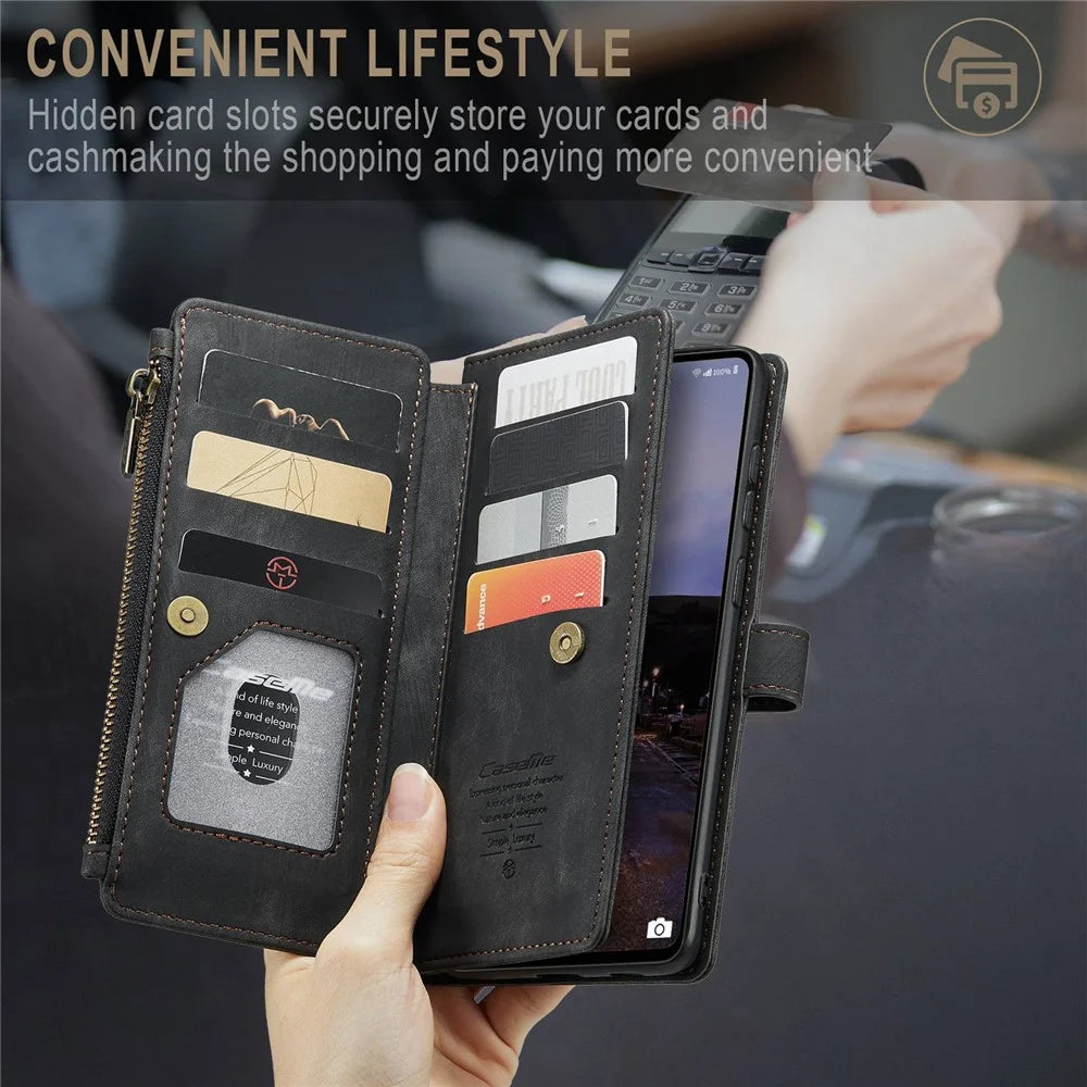 For Samsung Galaxy A33 5G Phone Cases with Strap CASEME C30 Zipper Multiple Card Holder PU Leather Cover - Black - 6