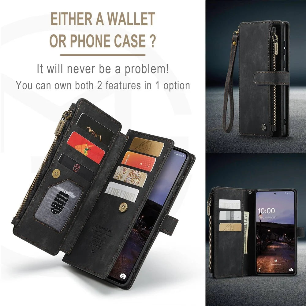 For Samsung Galaxy A33 5G Phone Cases with Strap CASEME C30 Zipper Multiple Card Holder PU Leather Cover - Black - 7