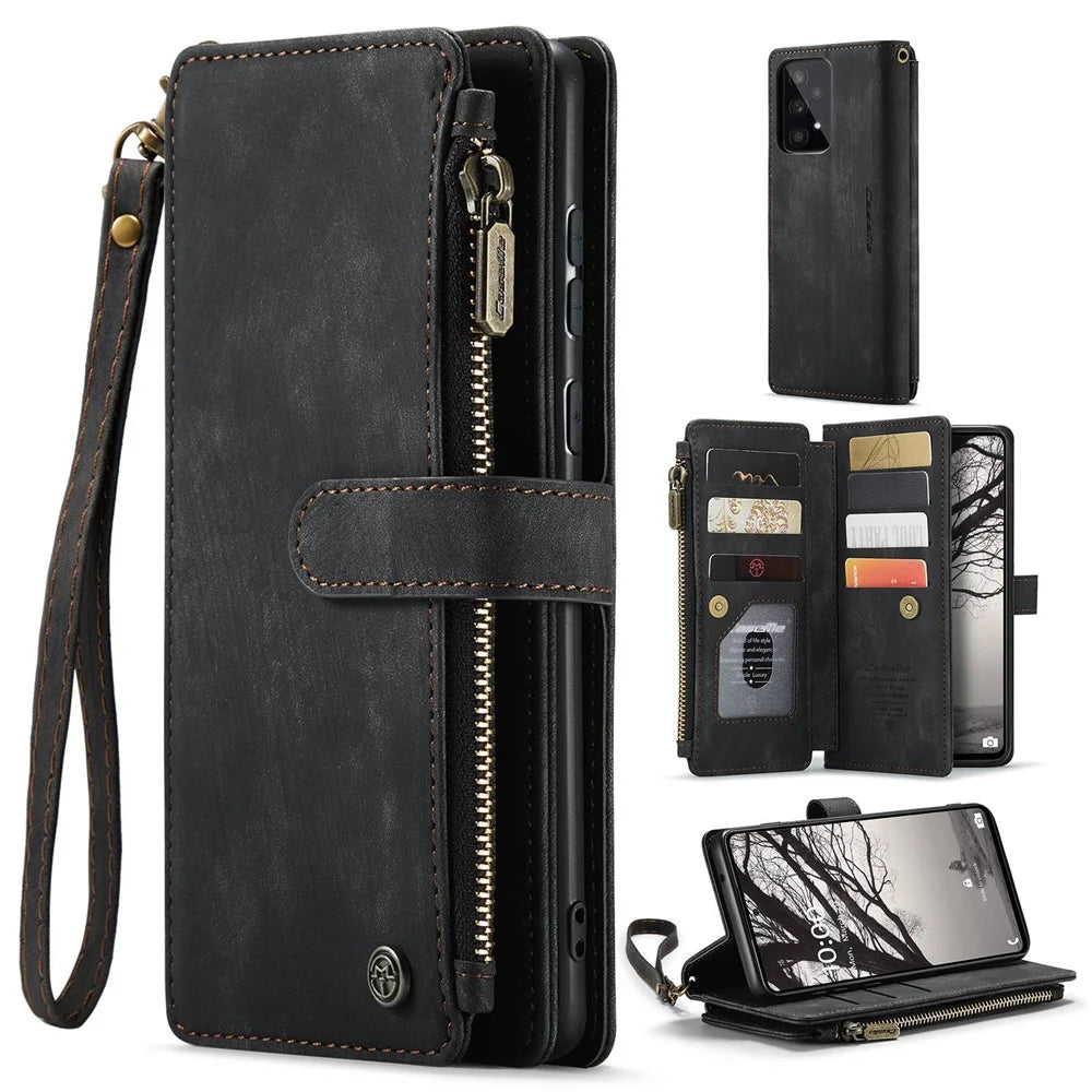 For Samsung Galaxy A53 5G Phone Cases with Strap CASEME C30 Zipper Multiple Card Holder PU Leather Cover - Black - 1