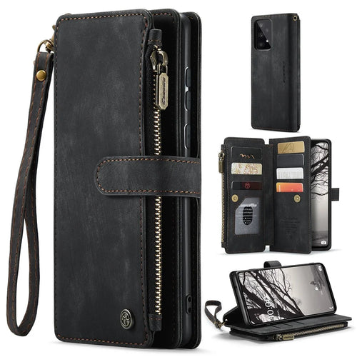 For Samsung Galaxy A53 5G Phone Cases with Strap CASEME C30 Zipper Multiple Card Holder PU Leather Cover - Black - 1