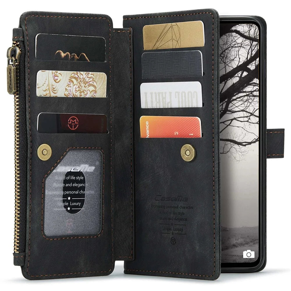 For Samsung Galaxy A53 5G Phone Cases with Strap CASEME C30 Zipper Multiple Card Holder PU Leather Cover - Black - 3