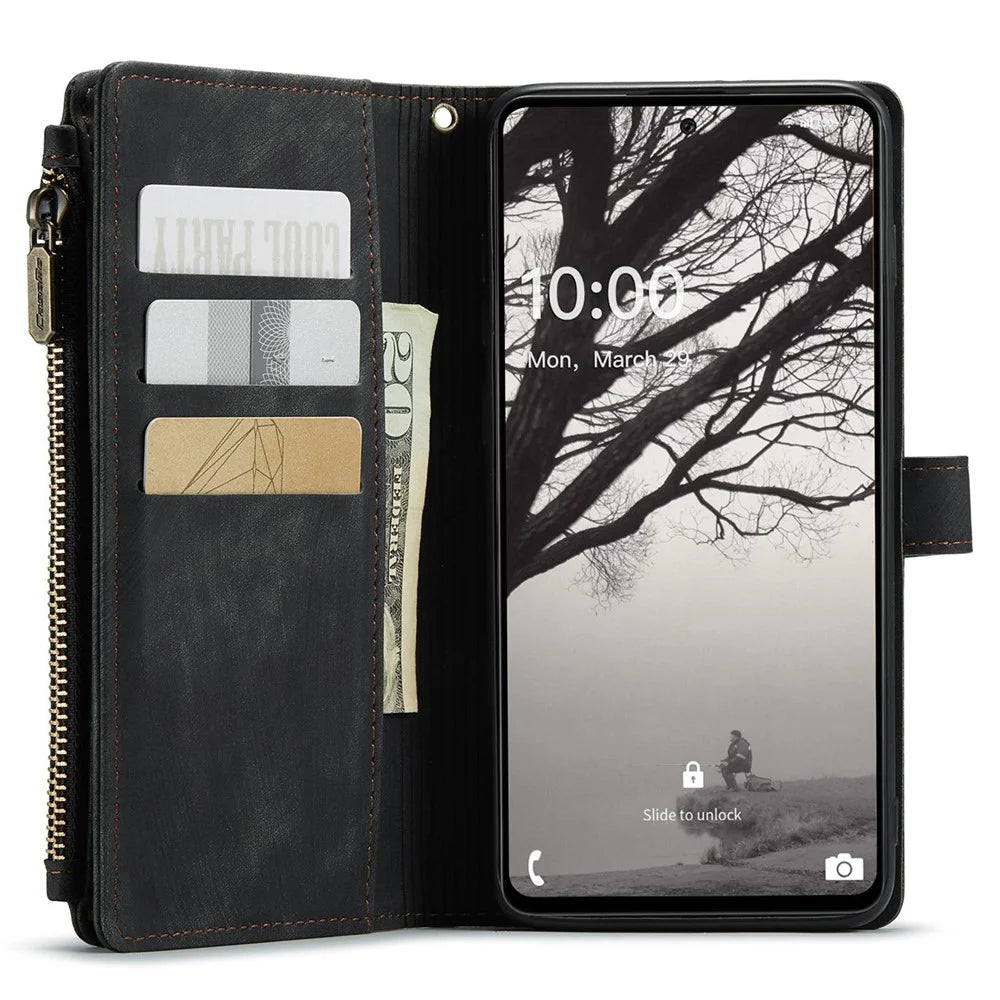 For Samsung Galaxy A53 5G Phone Cases with Strap CASEME C30 Zipper Multiple Card Holder PU Leather Cover - Black - 4