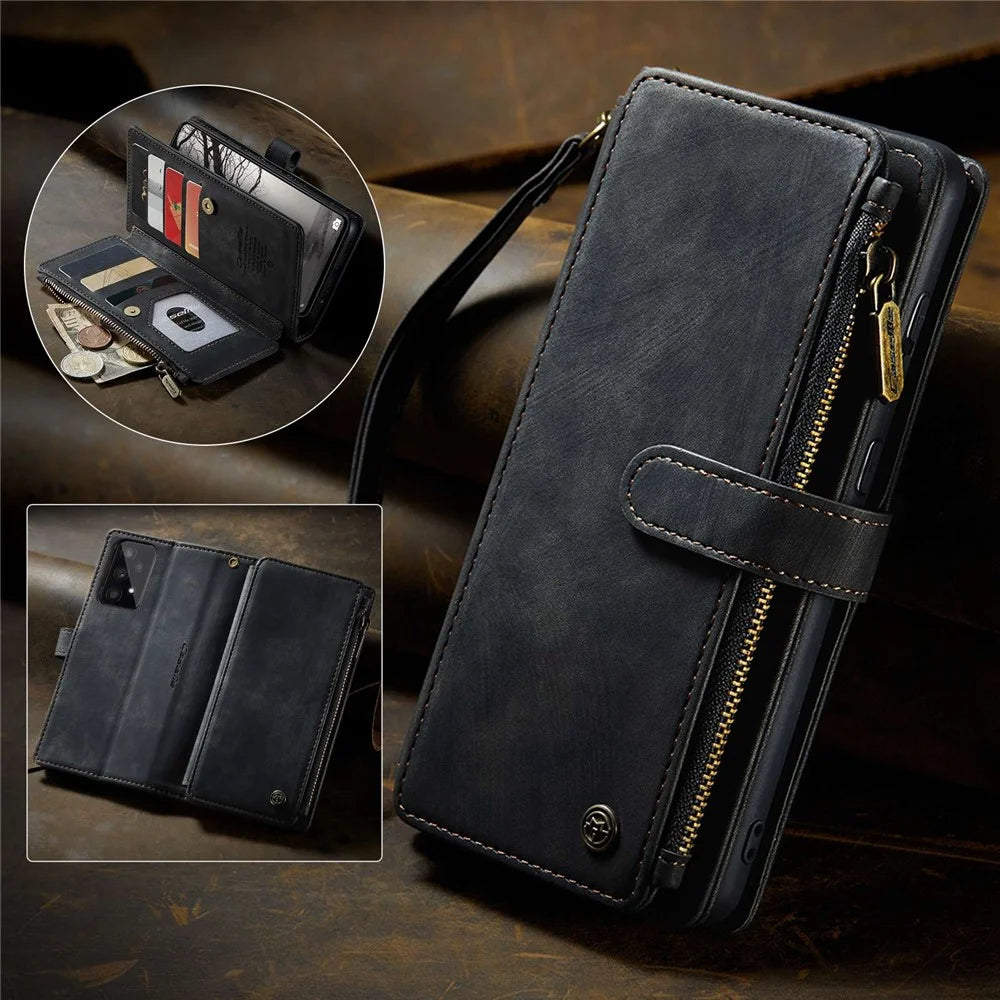 For Samsung Galaxy A53 5G Phone Cases with Strap CASEME C30 Zipper Multiple Card Holder PU Leather Cover - Black - 5