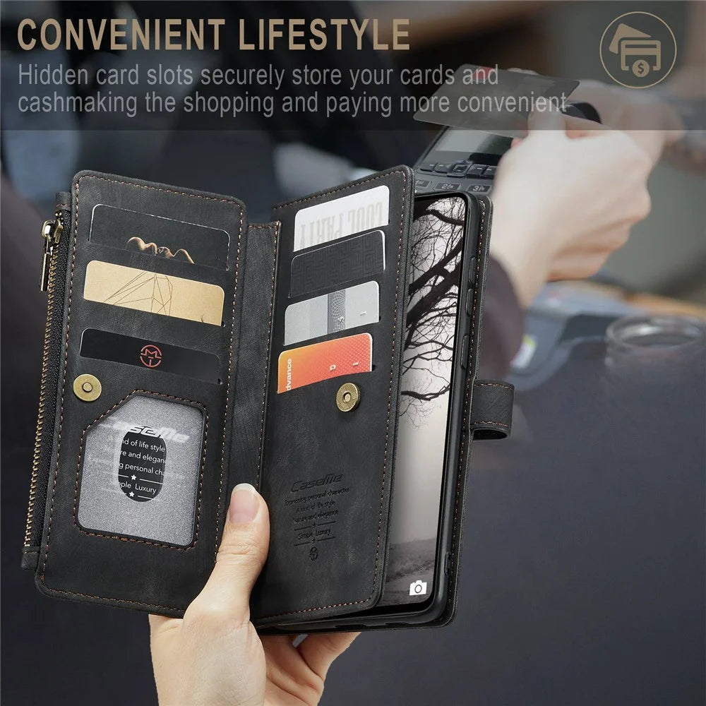 For Samsung Galaxy A53 5G Phone Cases with Strap CASEME C30 Zipper Multiple Card Holder PU Leather Cover - Black - 6