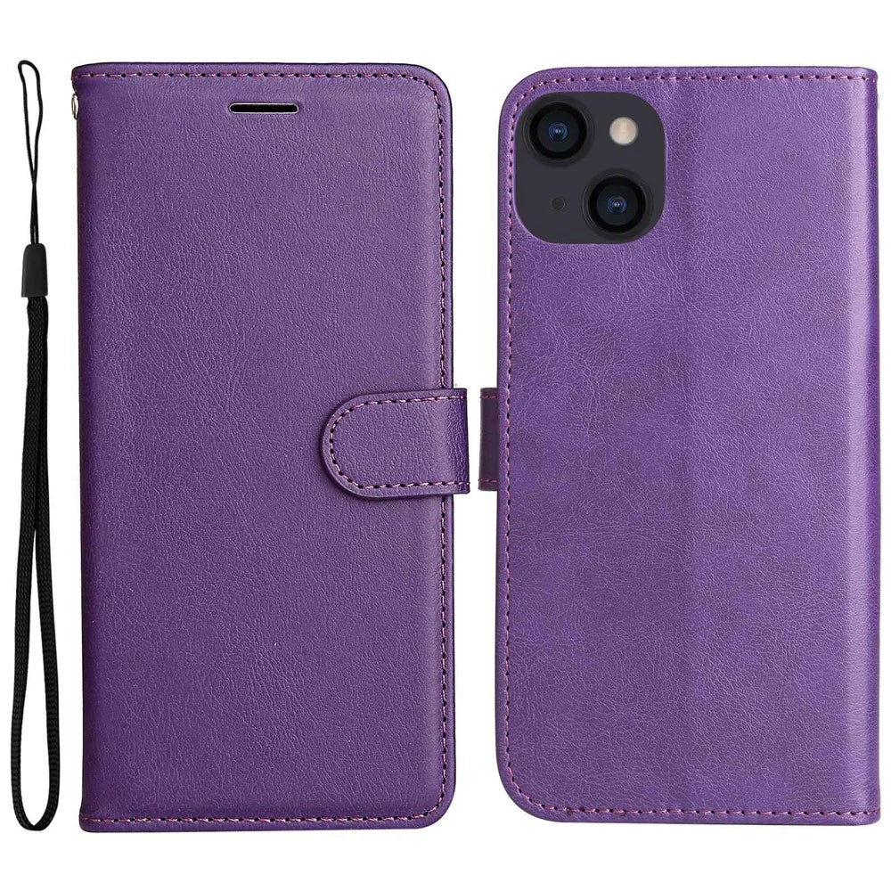 For iPhone 14 Case Solid Color Leather Mobile Cover Wallet Stand with Strap - Purple - 1