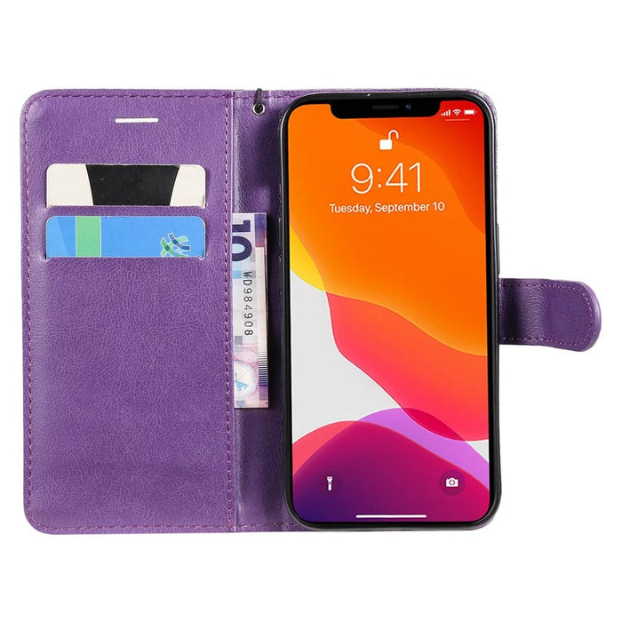 For iPhone 14 Case Solid Color Leather Mobile Cover Wallet Stand with Strap - Purple - 2