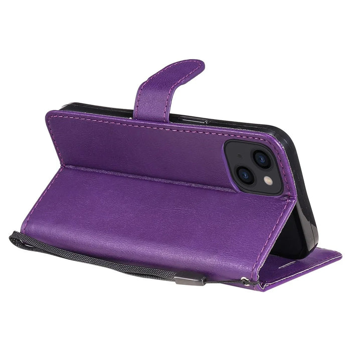 For iPhone 14 Case Solid Color Leather Mobile Cover Wallet Stand with Strap - Purple - 4