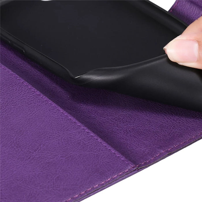 For iPhone 14 Case Solid Color Leather Mobile Cover Wallet Stand with Strap - Purple - 5
