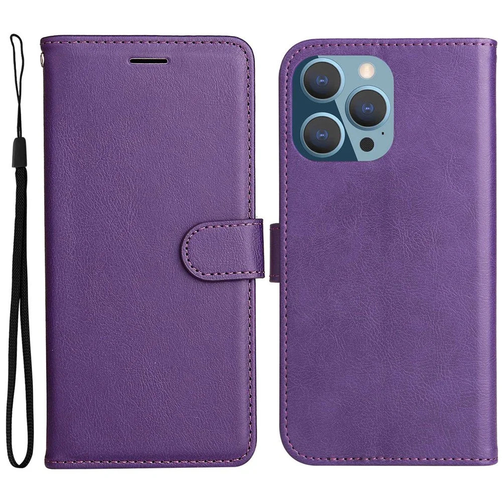 For iPhone 14 Pro Max Case Solid Color Leather Mobile Cover Wallet Stand with Strap - Purple - 1