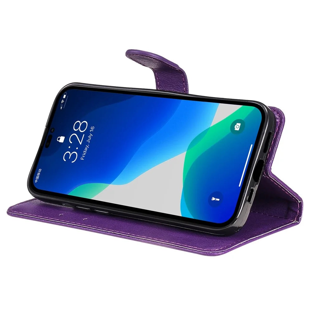 For iPhone 14 Pro Max Case Solid Color Leather Mobile Cover Wallet Stand with Strap - Purple - 3