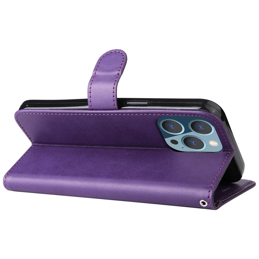 For iPhone 14 Pro Max Case Solid Color Leather Mobile Cover Wallet Stand with Strap - Purple - 4