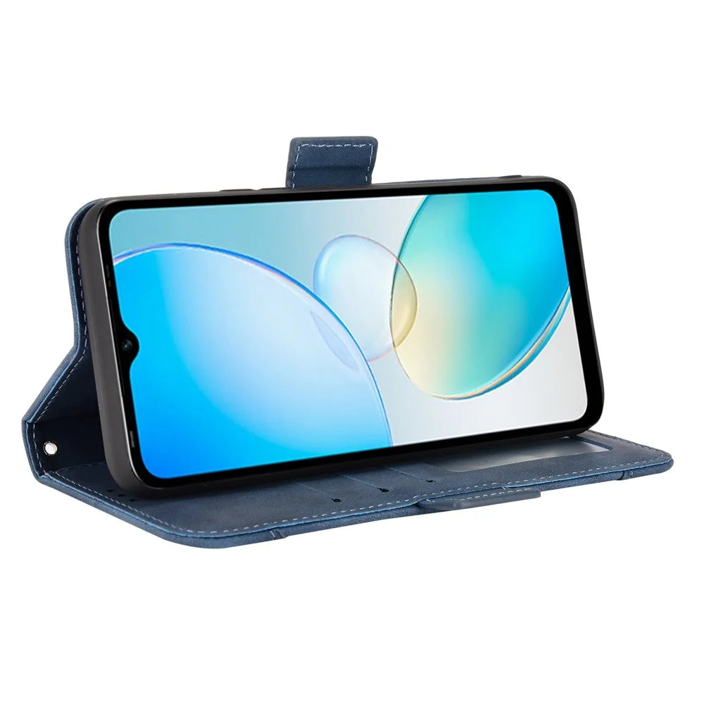 For Infinix Hot 12i 4G Multiple Card Slots PU Leather Cover Double Magnetic Clasp Full-Protection Phone Stand Wallet Case - Blue - 3