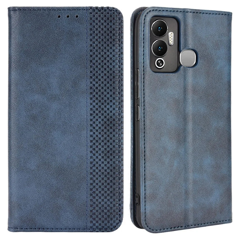 For Infinix Hot 12 Play 4G Anti-Drop PU Leather Retro Flip Wallet Case Stand Function Shockproof Flip Auto Closing Magnetic Cover - Blue - 1