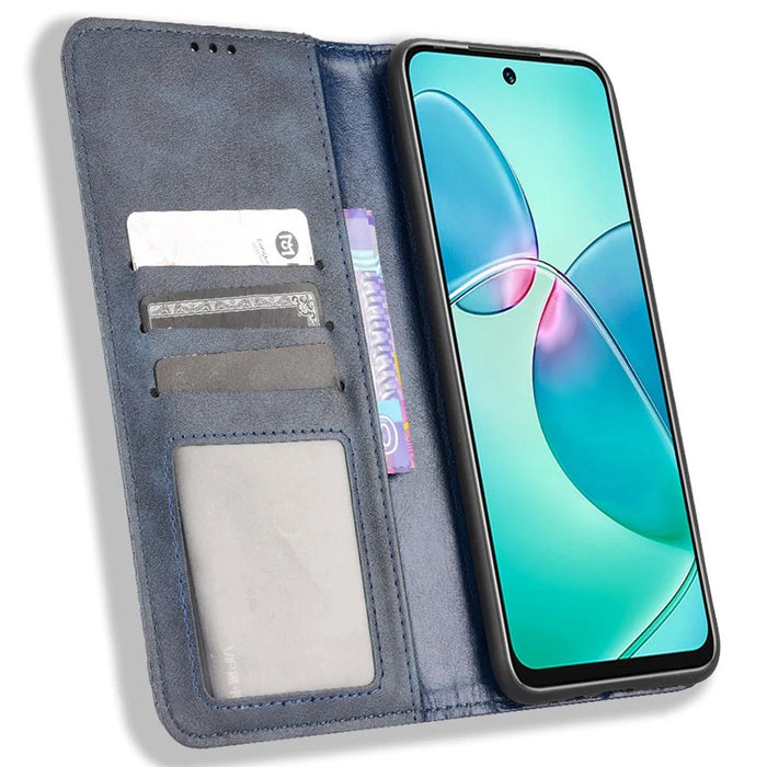 For Infinix Hot 12 Play 4G Anti-Drop PU Leather Retro Flip Wallet Case Stand Function Shockproof Flip Auto Closing Magnetic Cover - Blue - 2