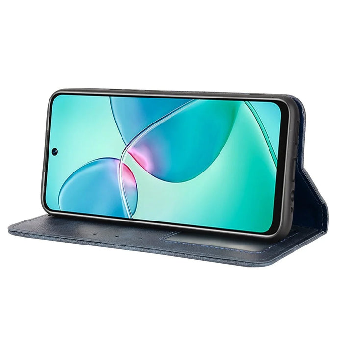 For Infinix Hot 12 Play 4G Anti-Drop PU Leather Retro Flip Wallet Case Stand Function Shockproof Flip Auto Closing Magnetic Cover - Blue - 3
