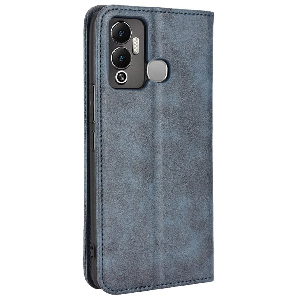 For Infinix Hot 12 Play 4G Anti-Drop PU Leather Retro Flip Wallet Case Stand Function Shockproof Flip Auto Closing Magnetic Cover - Blue - 7