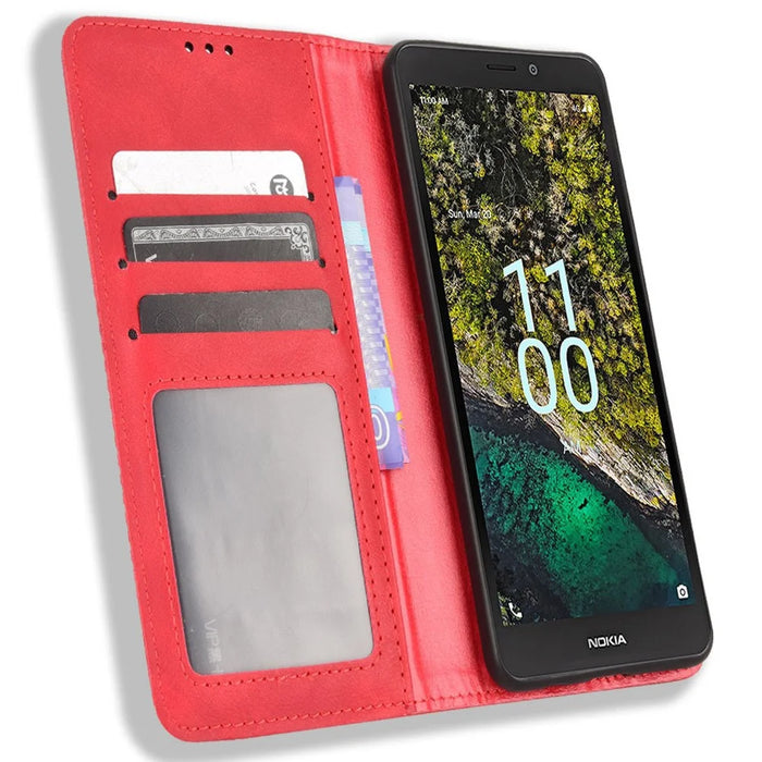 For Nokia C100 4G PU Leather Retro Flip Wallet Case Stand Function Flip Auto Closing Magnetic Cover - Red - 2