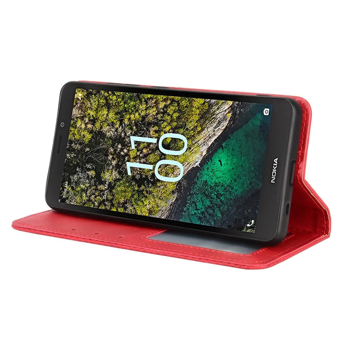 For Nokia C100 4G PU Leather Retro Flip Wallet Case Stand Function Flip Auto Closing Magnetic Cover - Red - 3
