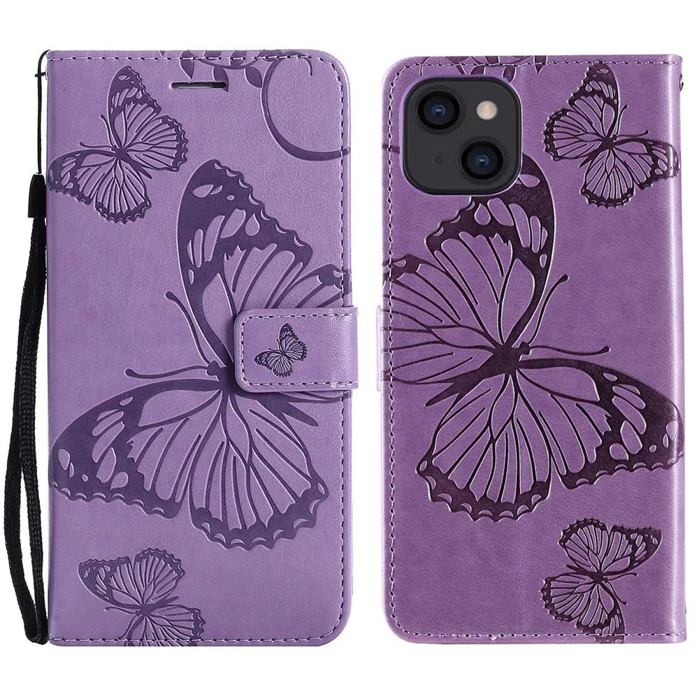 For iPhone 14 Case Solid Color Leather Mobile Cover Wallet Stand with Strap - Purple - 1