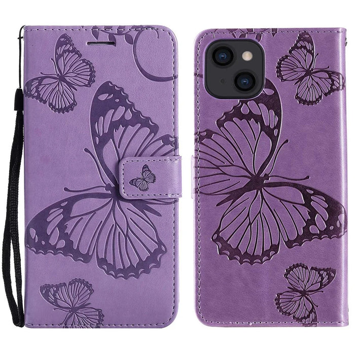 For iPhone 14 Case Solid Color Leather Mobile Cover Wallet Stand with Strap - Purple - 1