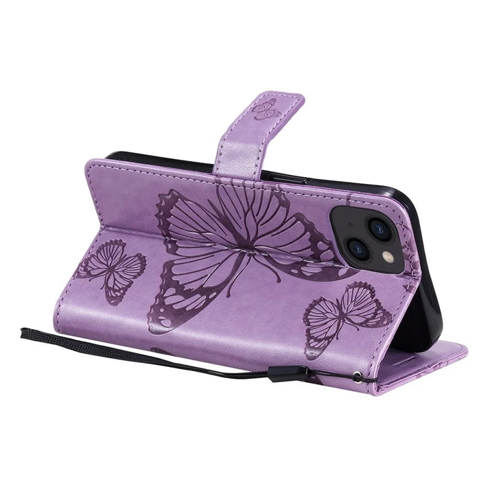 For iPhone 14 Case Solid Color Leather Mobile Cover Wallet Stand with Strap - Purple - 4