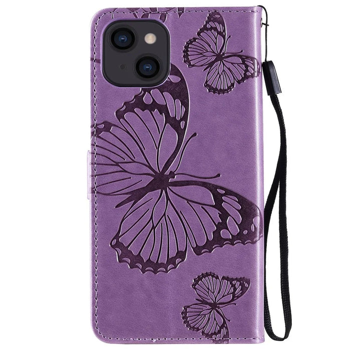 For iPhone 14 Case Solid Color Leather Mobile Cover Wallet Stand with Strap - Purple - 7