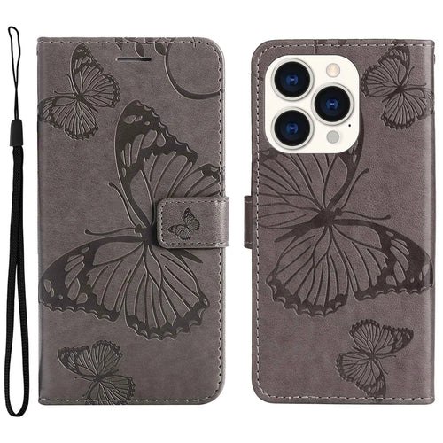KT Leather Series-2 for iPhone 14 Pro 6.1 inch Shockproof Butterfly Imprinted PU Leather Case Phone Wallet Stand Cover - Grey - 1