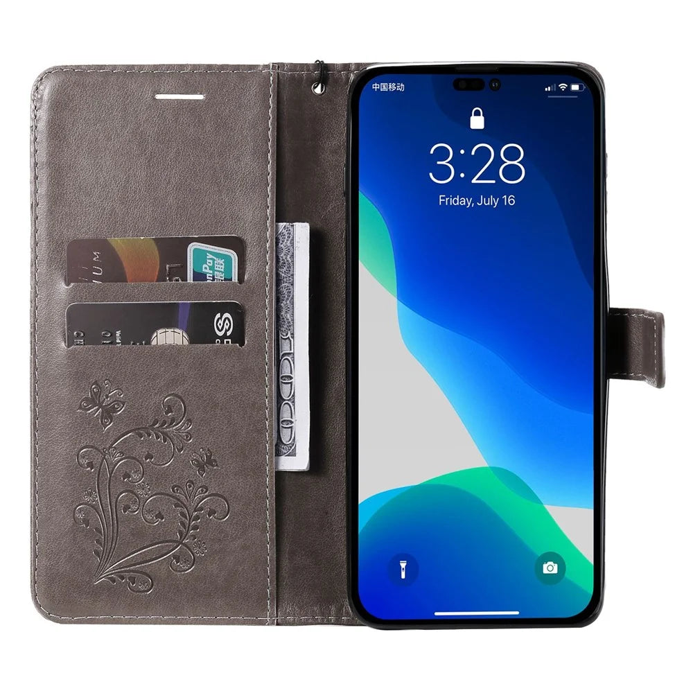 KT Leather Series-2 for iPhone 14 Pro 6.1 inch Shockproof Butterfly Imprinted PU Leather Case Phone Wallet Stand Cover - Grey - 2
