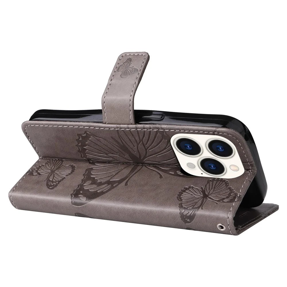 KT Leather Series-2 for iPhone 14 Pro 6.1 inch Shockproof Butterfly Imprinted PU Leather Case Phone Wallet Stand Cover - Grey - 4