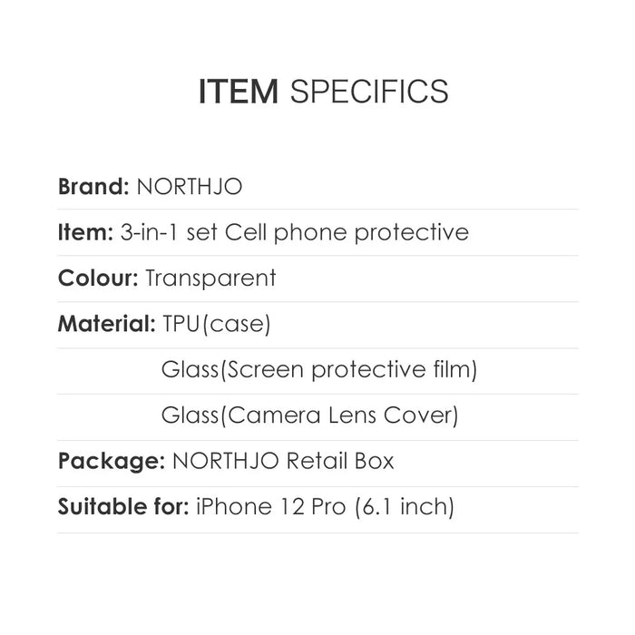 NORTHJO For iPhone 12 Pro 6.1 inch Tempered Glass Screen Protector Back Camera Lens Cover Soft TPU Phone Case - 6