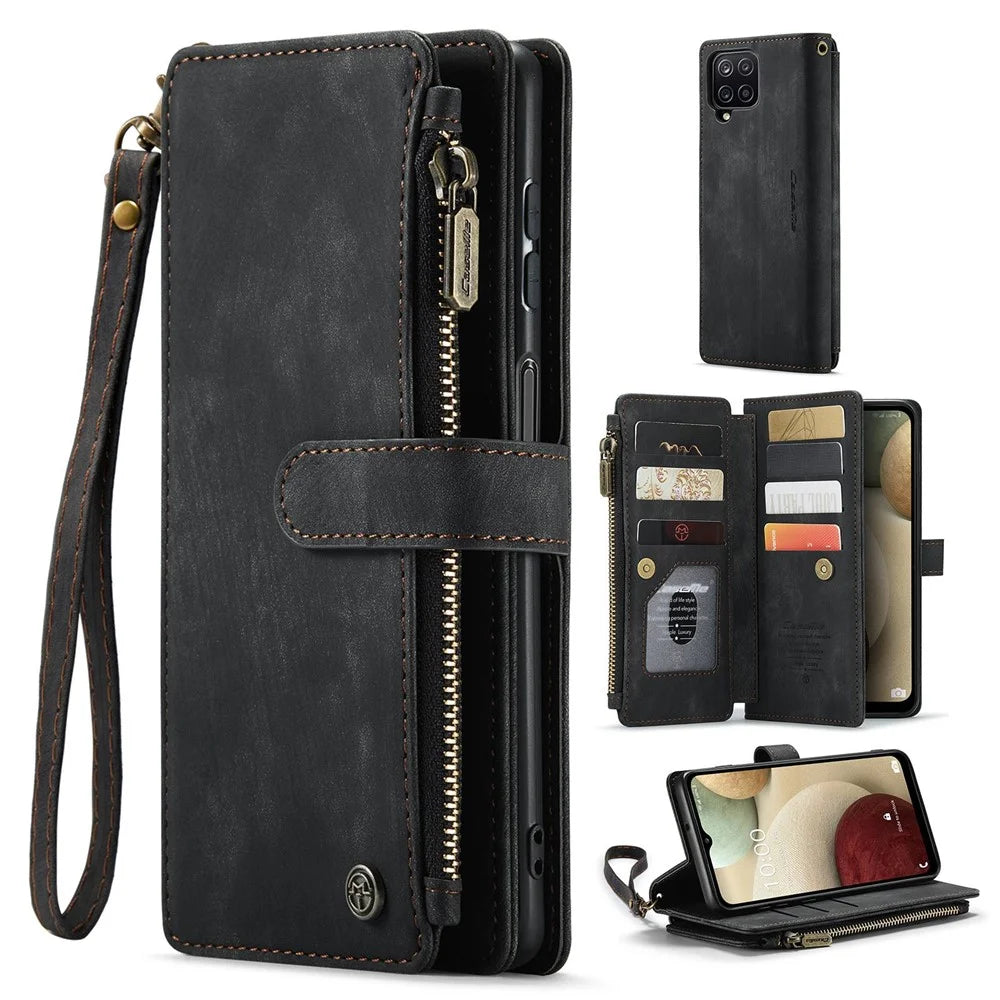 For Samsung Galaxy A12 / A12 (India) Phone Cases with Strap CASEME C30 Zipper Multiple Card Holder PU Leather Cover - Black - 1