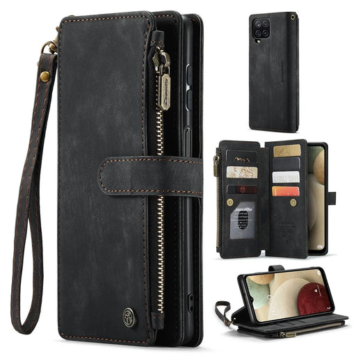 For Samsung Galaxy A12 / A12 (India) Phone Cases with Strap CASEME C30 Zipper Multiple Card Holder PU Leather Cover - Black - 1