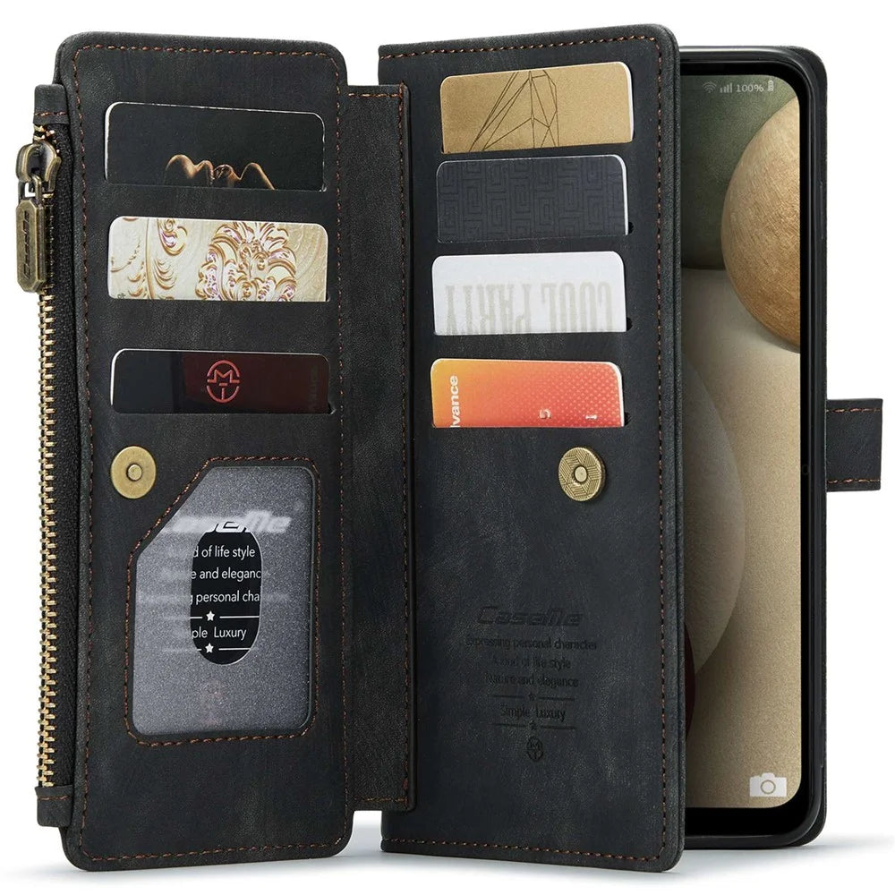 For Samsung Galaxy A12 / A12 (India) Phone Cases with Strap CASEME C30 Zipper Multiple Card Holder PU Leather Cover - Black - 3