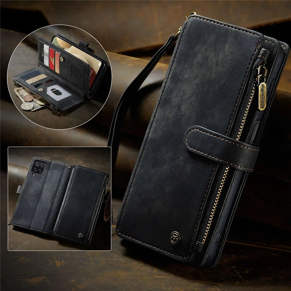 For Samsung Galaxy A12 / A12 (India) Phone Cases with Strap CASEME C30 Zipper Multiple Card Holder PU Leather Cover - Black - 5