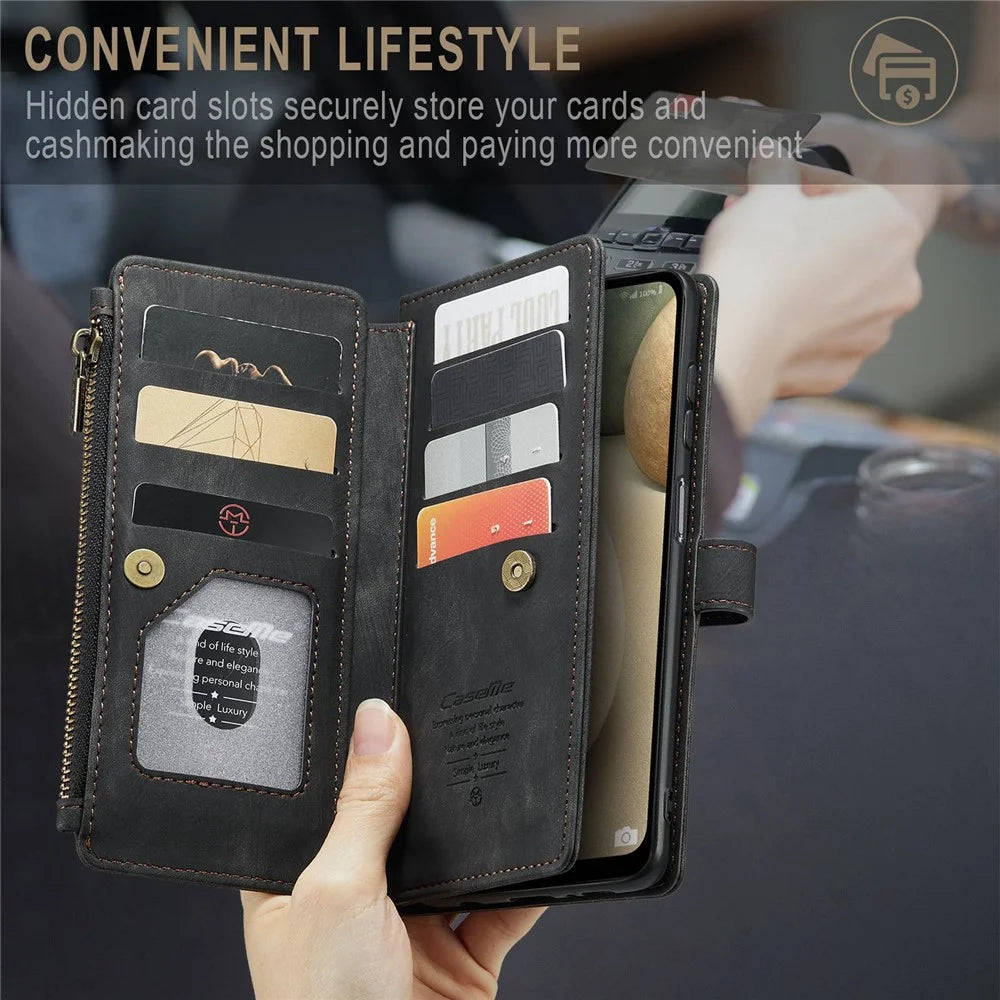 For Samsung Galaxy A12 / A12 (India) Phone Cases with Strap CASEME C30 Zipper Multiple Card Holder PU Leather Cover - Black - 6