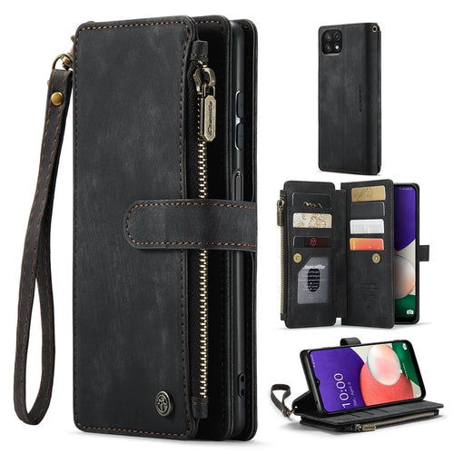For Samsung Galaxy A22 5G (EU) Phone Cases with Strap CASEME C30 Zipper Multiple Card Holder PU Leather Cover - Black - 1